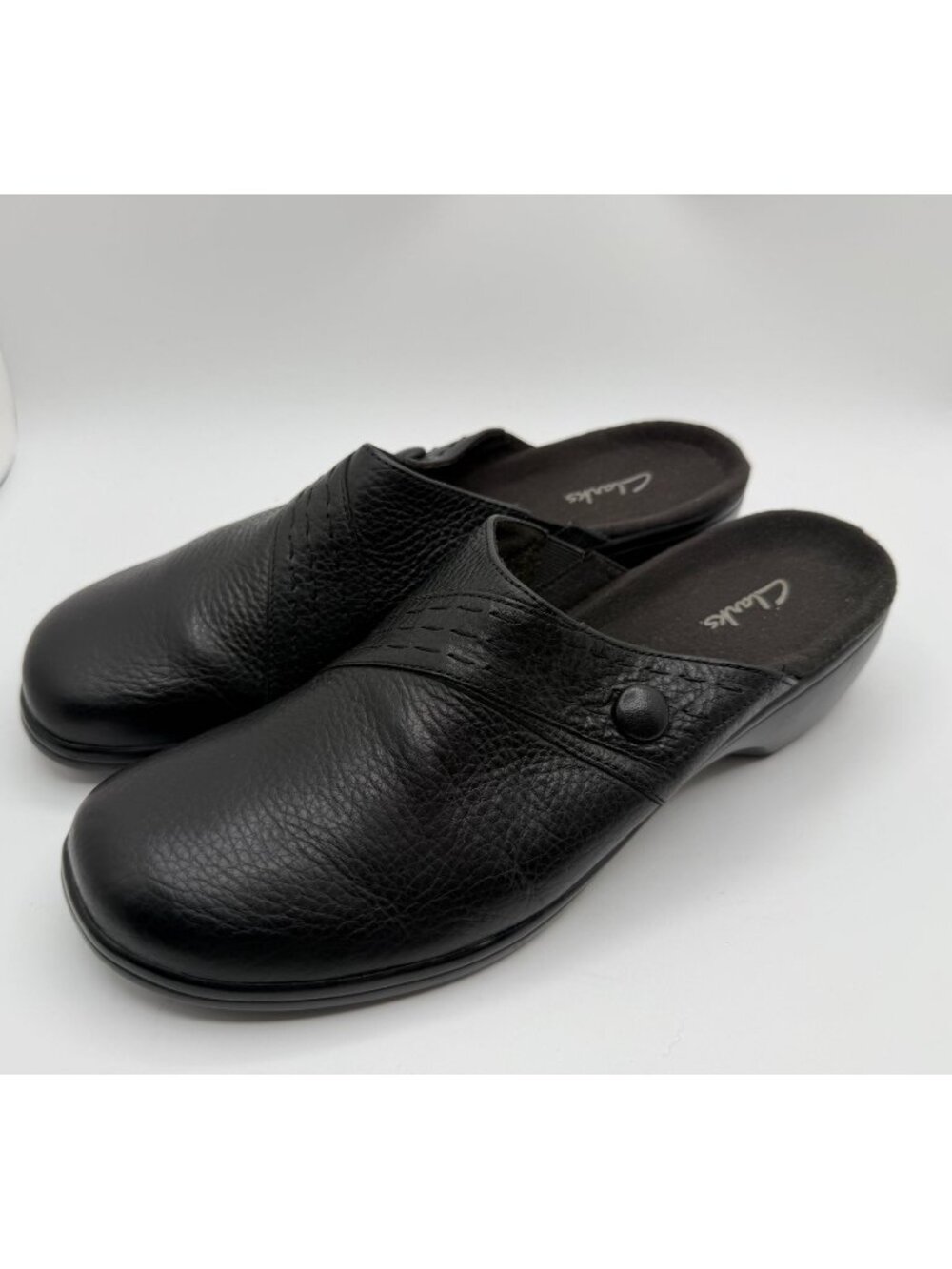 Clarks May Cup Bendables Leather Clog Mules Black Women Size 11M Comfort Shoes